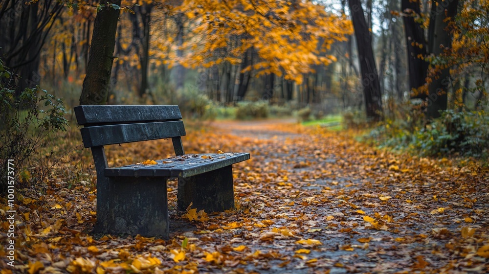 Watercolor Autumn park with bench and maple leave Watercolor Autumn park with bench and maple leave