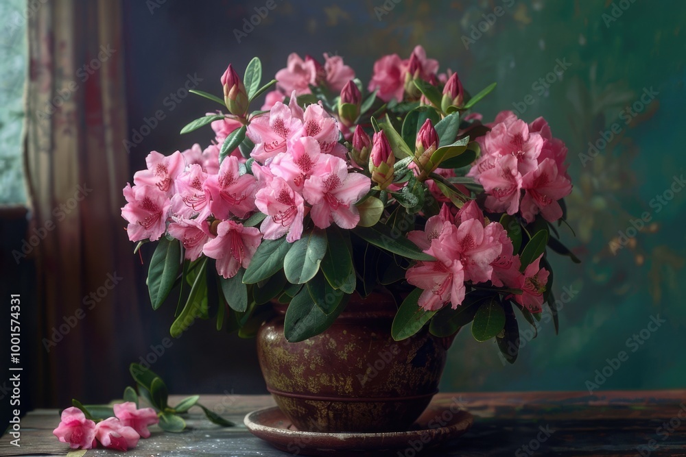Obraz premium A decorative arrangement of pink flowers sits on a table