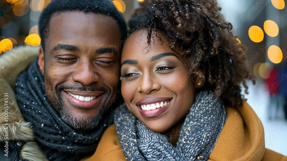A joyful couple embraces the winter season, smiling together in the city surrounded by twinkling lights A joyful couple embraces the winter season, smiling together in the city surrounded by twinkling lights