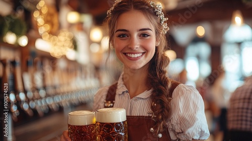 oktoberfest celebration featuring a young waitress in traditional bavarian dress serving large beer mugs at a lively festival with authentic german culture and traditions photo