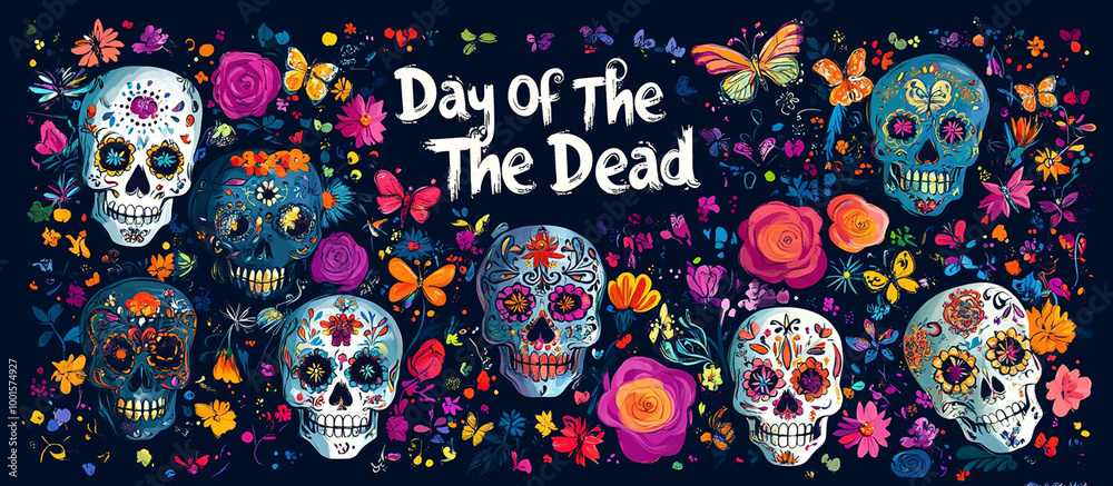 Day of the Dead, greeting banner, Mexican colorful skulls. Mexican, hispanic ceramic pottery Day of the Dead ,Dia de los Muertos, skulls Day of the Dead, greeting banner, Mexican colorful skulls. Mexican, hispanic ceramic pottery Day of the Dead ,Dia de los Muertos, skulls