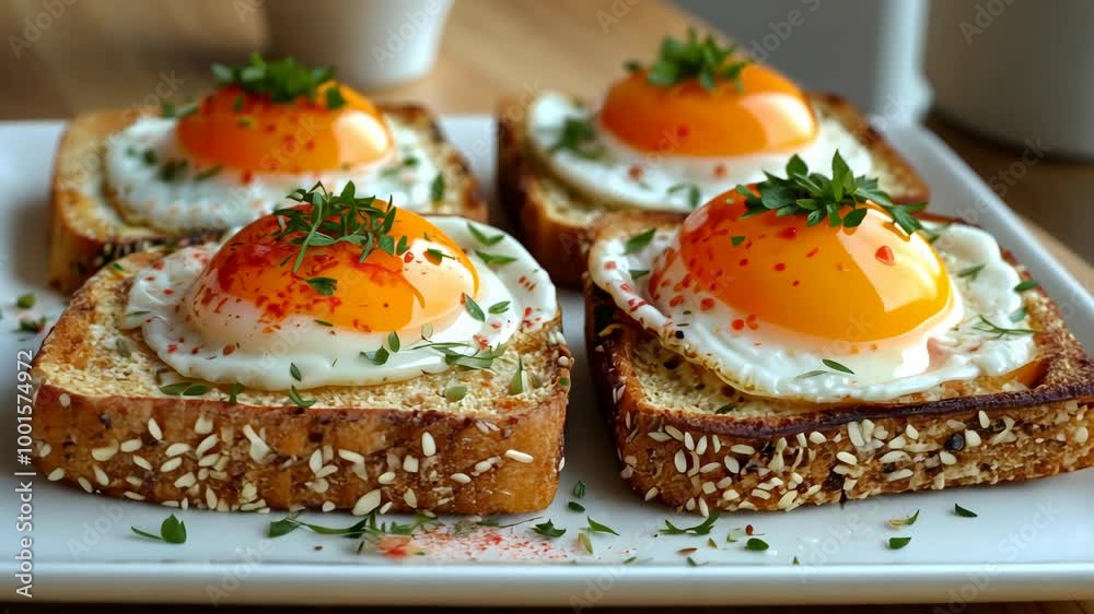 Savor delicious sunny side up eggs on sesame toast, topped with fresh herbs and spices Savor delicious sunny side up eggs on sesame toast, topped with fresh herbs and spices