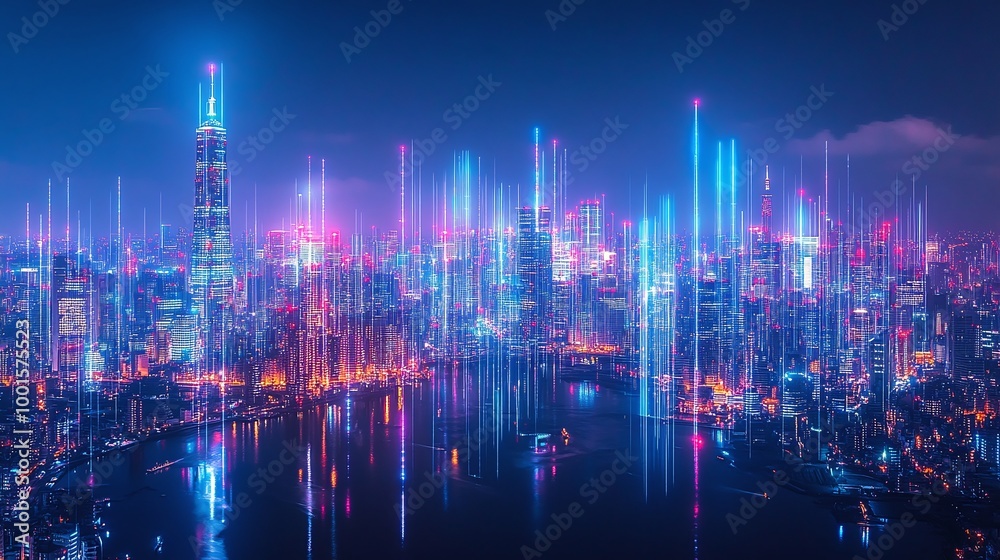 Obraz premium connected smart city with futuristic urban technology, iot networks, advanced infrastructure, and big data innovations leading digital transformation