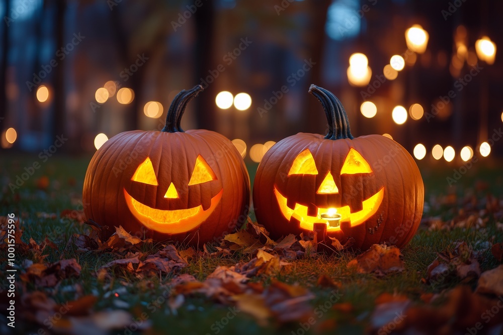 Two smiling Halloween pumpkins on grass with lights at night Two smiling Halloween pumpkins on grass with lights at night