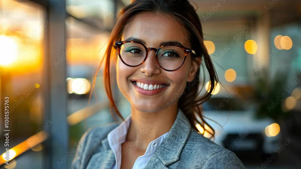 A young professional stands by a large window, smiling as the sun sets behind the city skyline A young professional stands by a large window, smiling as the sun sets behind the city skyline