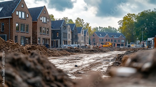 construction site of a new Dutch Suburban area with modern family houses newly built modern family homes in the Netherlands  new prefab house construction : Generative AI photo