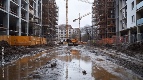 Due to heavy rainfall in recent months the construction site for new apartments has been closed for several months Hanover Germany in midApril 2024 : Generative AI photo