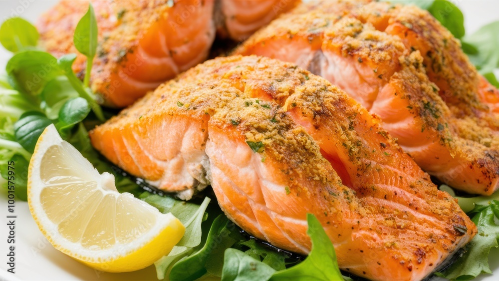 Crispy Air-Fried Salmon Fillets with Herb Crust, Lemon Wedge, and Fresh Greens Crispy Air-Fried Salmon Fillets with Herb Crust, Lemon Wedge, and Fresh Greens