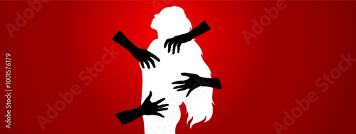 stop woman harassment template banner with white long hair woman with black hands in red background