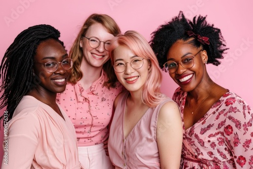 A group of women standing in a row, smiling and looking at something off-camera