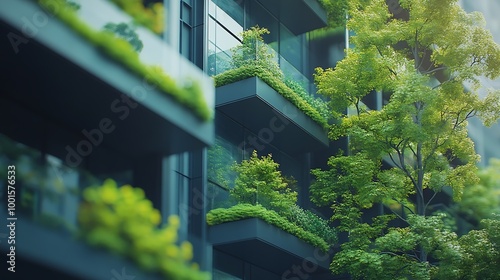 Selective focus on tree and eco friendly building with vertical garden in modern city Green tree forest on sustainable glass building Office building with green environment Go green co : Generative AI photo