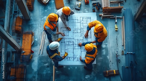 Top down aerial view of architect engineer team shake hands and discussing about building construction Group of diverse people working together to plan and design by using blueprint Al : Generative AI