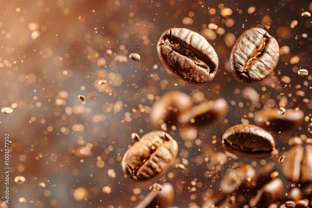 A group of coffee beans suspended in mid-air, as if defying gravity A group of coffee beans suspended in mid-air, as if defying gravity