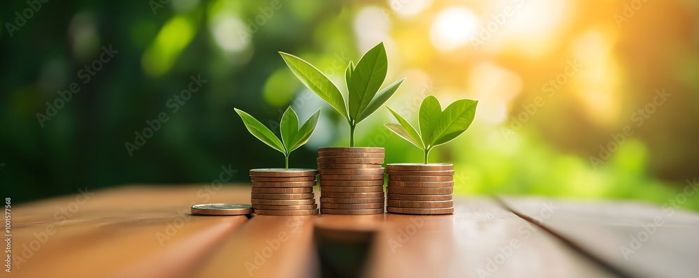 A close-up of coins stacked with green leaves sprouting from them, symbolizing growth, investment, and sustainability in a natural setting. A close-up of coins stacked with green leaves sprouting from them, symbolizing growth, investment, and sustainability in a natural setting.