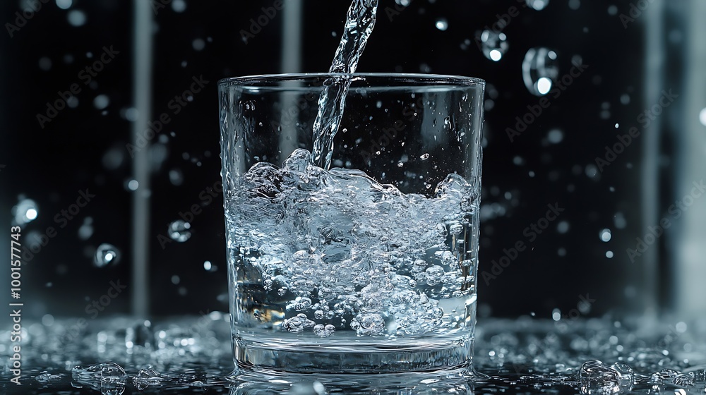 pouring drinking water in a transparent glass isolated on abstract background with glass table water resource concept with copy space : Generative AI pouring drinking water in a transparent glass isolated on abstract background with glass table water resource concept with copy space : Generative AI