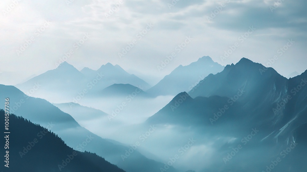 Fototapeta premium Serene Mountain Landscape with Misty Atmosphere