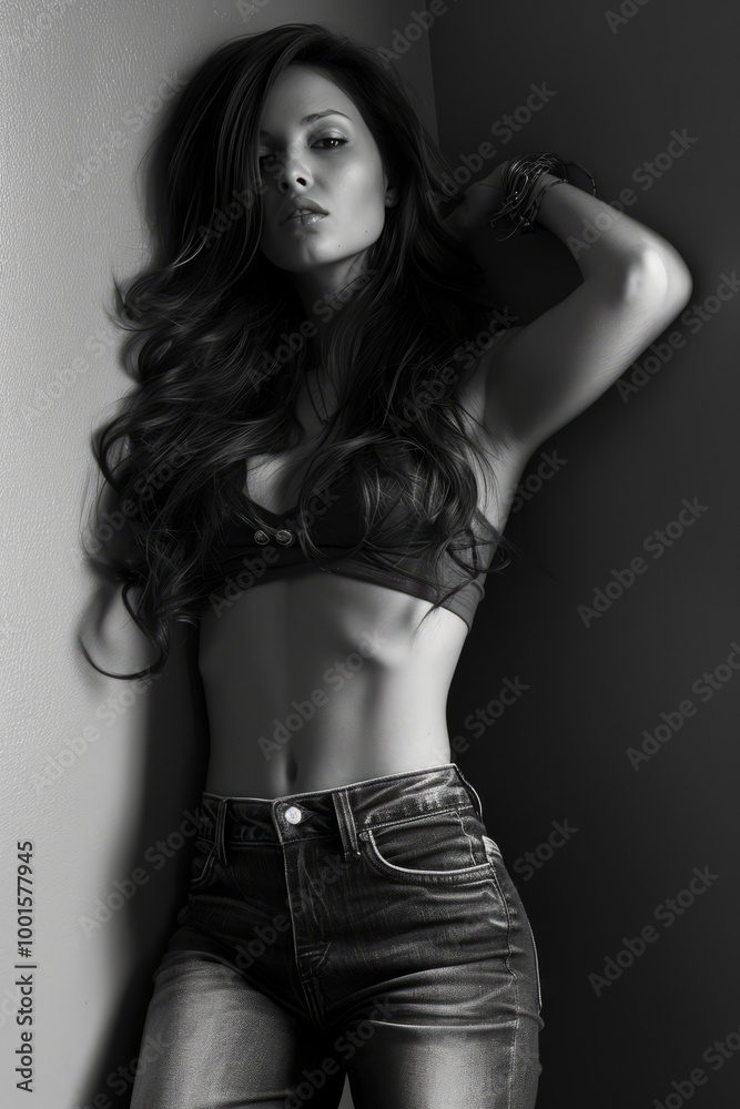 Black and white portrait of a confident woman in a crop top and jeans with long flowing hair Black and white portrait of a confident woman in a crop top and jeans with long flowing hair