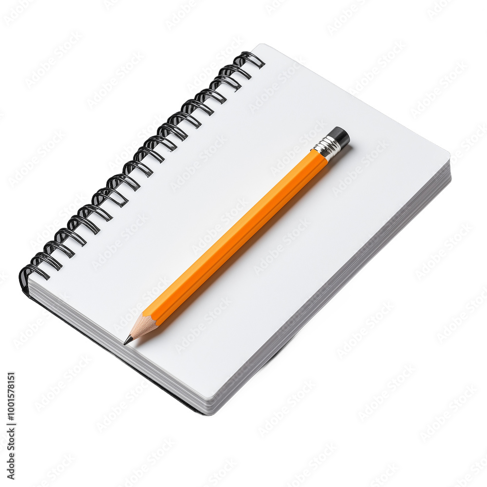 Spiral notebook with an orange pencil on a transparent background, ideal for concepts of creativity and writing tools. Spiral notebook with an orange pencil on a transparent background, ideal for concepts of creativity and writing tools.