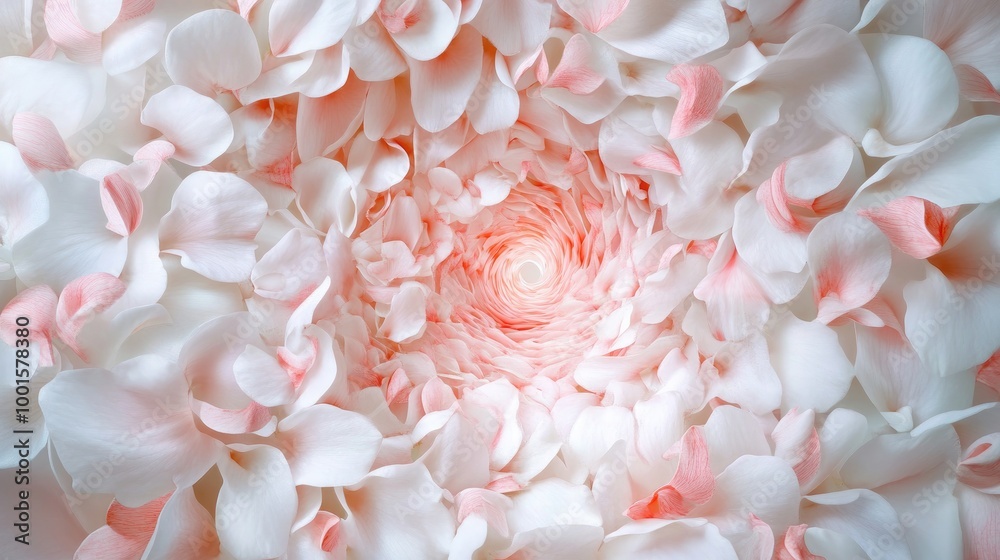 A swirling mass of soft pink and white petals forms a mesmerizing tunnel effect, capturing the essence of beauty, grace, and gentle movement in a tranquil scene A swirling mass of soft pink and white petals forms a mesmerizing tunnel effect, capturing the essence of beauty, grace, and gentle movement in a tranquil scene