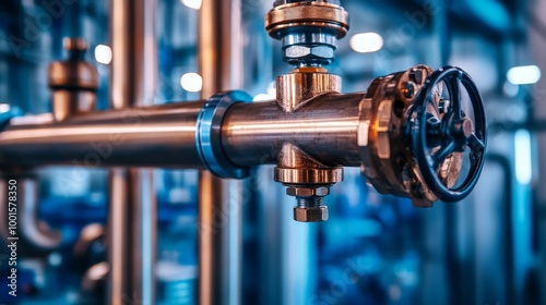 Industrial pipe close-up with metal valve in a modern factory setting