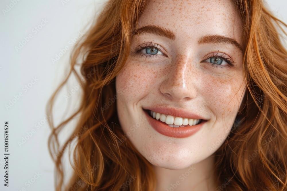 A close-up view of a woman's face featuring freckles