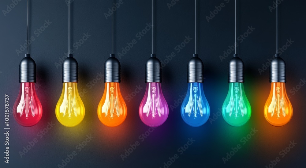 Colorful Light Bulbs Hanging On Dark Background Colorful Light Bulbs Hanging On Dark Background