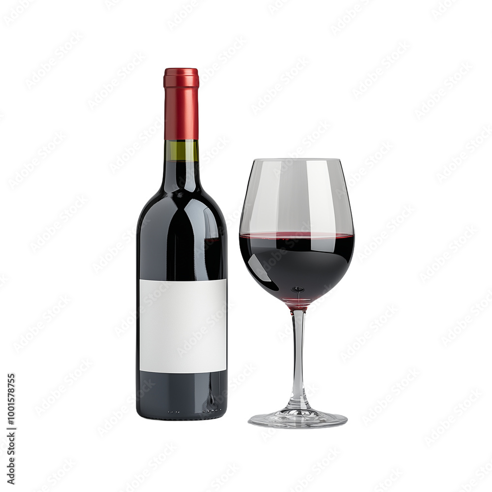 Elegant bottle of red wine with a filled wine glass on a transparent background, showcasing sophistication and class for celebrations or dining Elegant bottle of red wine with a filled wine glass on a transparent background, showcasing sophistication and class for celebrations or dining