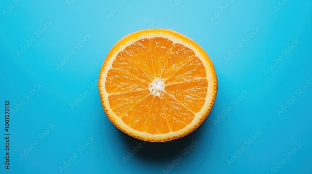 Fresh orange slice on a vibrant blue background in daylight Fresh orange slice on a vibrant blue background in daylight