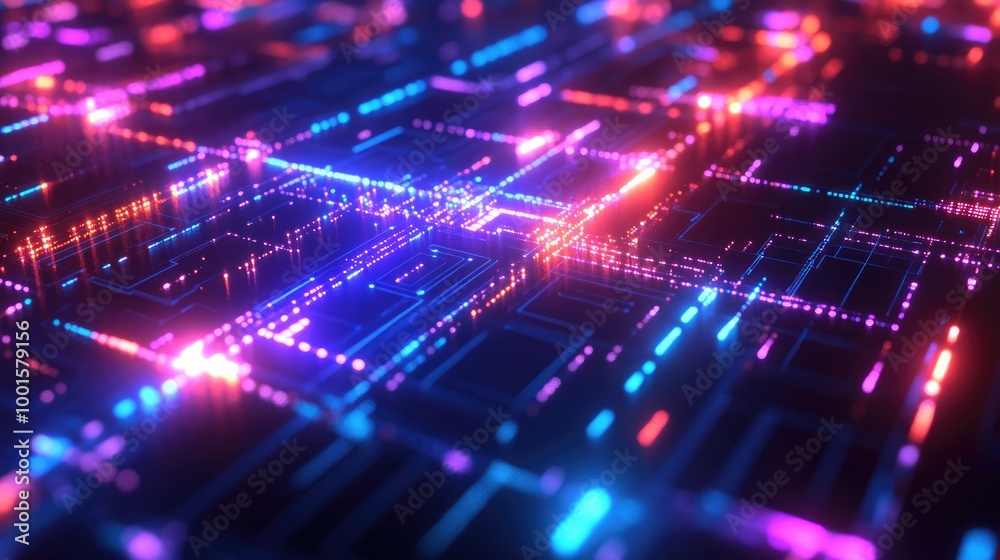 Naklejka premium Abstract network of glowing technology elements forming a vibrant digital environment