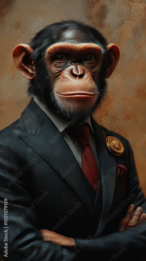 A chimpanzee in a suit with a serious expression. A chimpanzee in a suit with a serious expression.