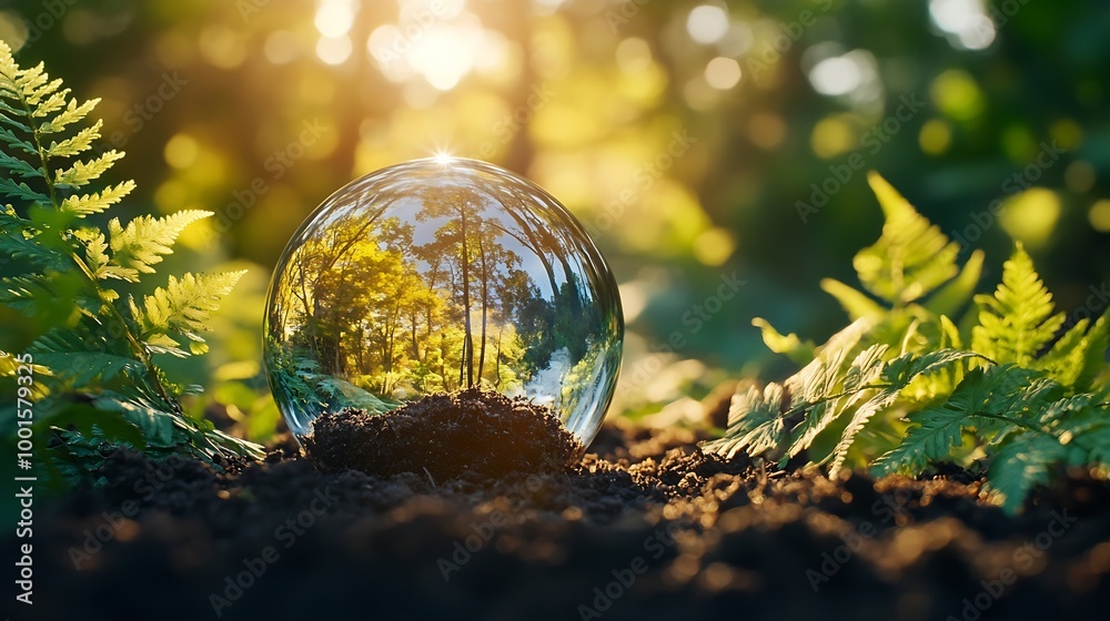 Crystal Earth On Soil In Forest With Ferns And Sunlight The Environment Earth Day Concept : Generative AI Crystal Earth On Soil In Forest With Ferns And Sunlight The Environment Earth Day Concept : Generative AI