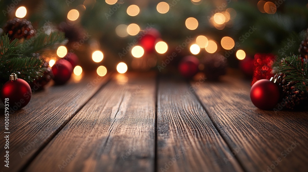 charming empty wooden table featuring festive decorations and blurred lights in the background, enhancing the inviting atmosphere for holiday events charming empty wooden table featuring festive decorations and blurred lights in the background, enhancing the inviting atmosphere for holiday events