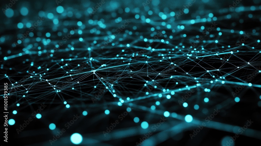 Abstract network of luminous technology nodes forming a complex digital pattern Abstract network of luminous technology nodes forming a complex digital pattern