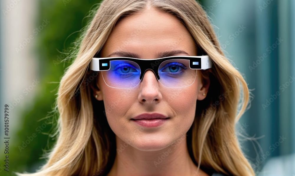 A woman with blonde hair wears glasses with blue lenses