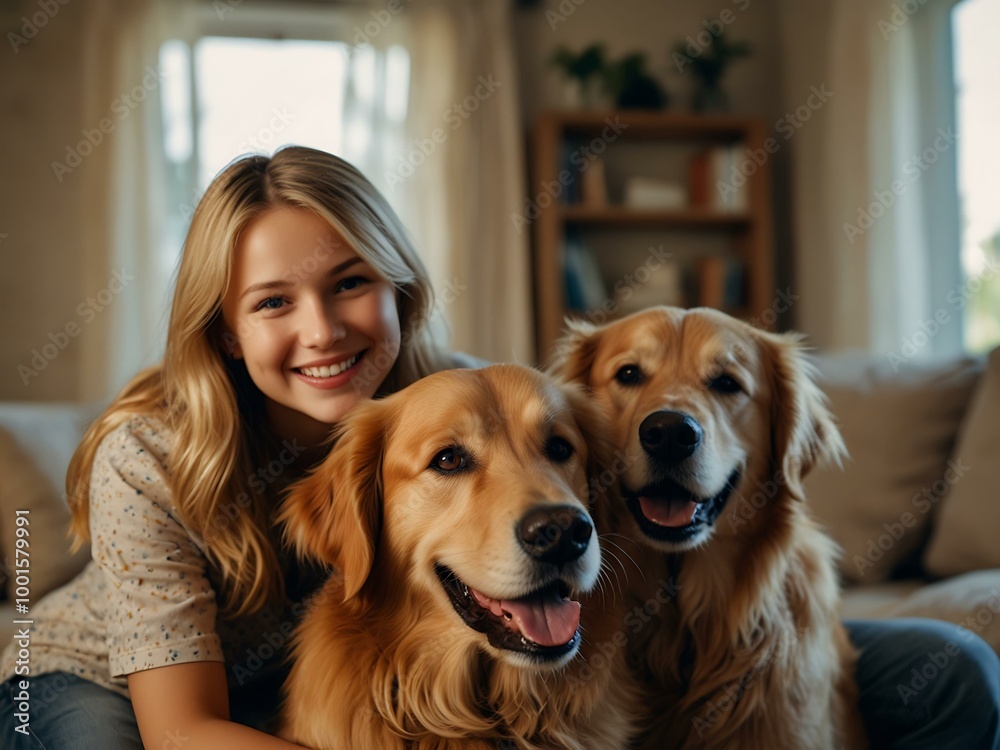 Family portrait with a Golden Retriever at home, smiling together. Family portrait with a Golden Retriever at home, smiling together.
