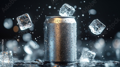 Empty aluminium can mockup with flying ice cubes and splash isolated on black background : Generative AI