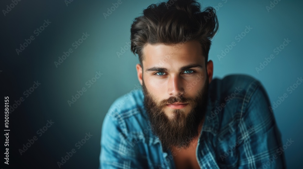 Obraz premium Young man with a beard and blue eyes poses in casual attire indoors