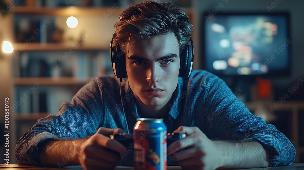 Φωτογραφία Young man with energy drink and headphones playing video game at wooden desk ind