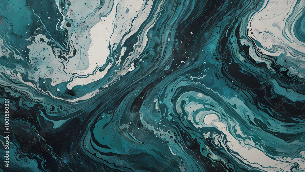 Abstract blue and green marble liquid texture with white splashes, luxury oceanic watercolor fluid background