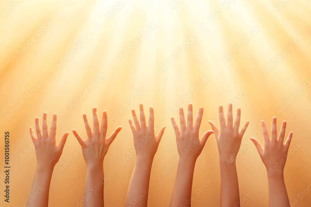 Hands raised in celebration under a warm golden light during an outdoor gathering Hands raised in celebration under a warm golden light during an outdoor gathering
