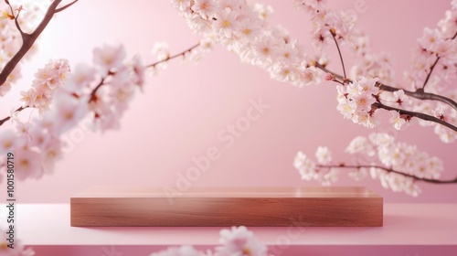 A cherry tree with white flowers blooming against a pink background #1001580719