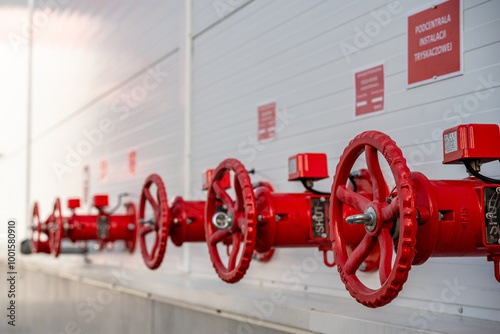 Close up photograph of sprinkler system exterior control valves of manufacturing plant