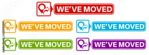 set we have moved sticker labels. change new location icon design template vector illustration