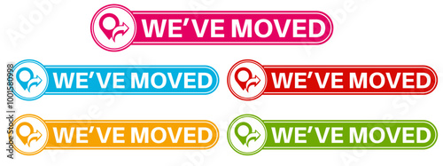 set we have moved sticker labels. change new location icon design template vector illustration