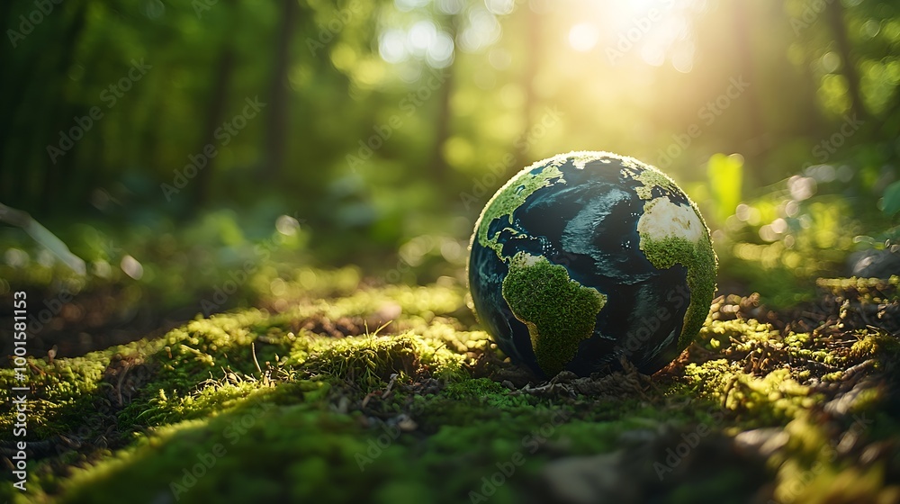 Earth Day  Environment  Green Globe In Forest With Moss And Defocused Abstract Sunlight : Generative AI
