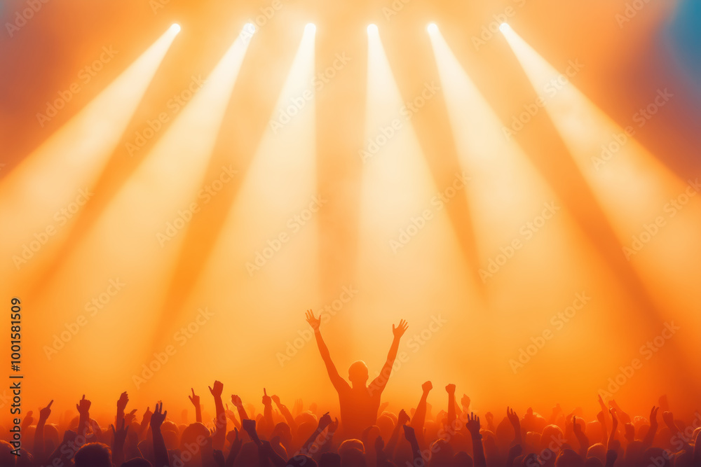 Crowd cheering with hands raised during vibrant concert lighting at nighttime event Crowd cheering with hands raised during vibrant concert lighting at nighttime event