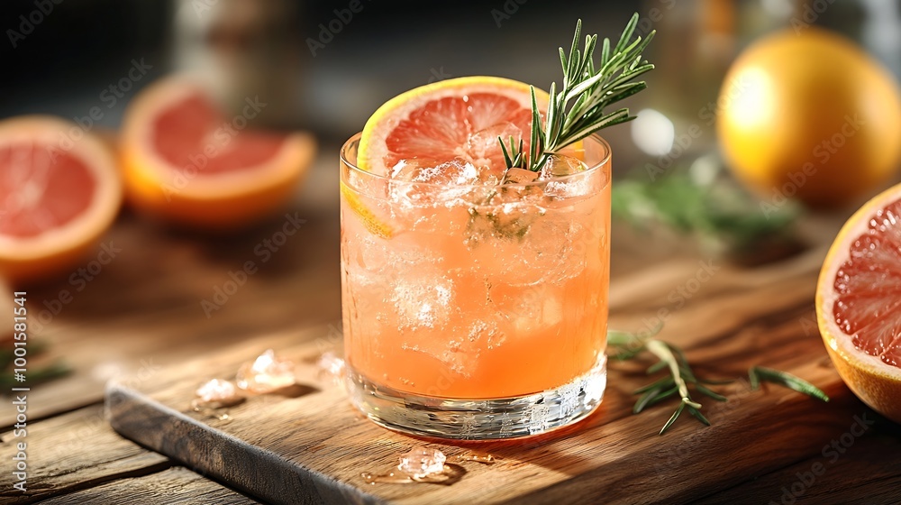 Naklejka premium Grapefruit cocktail with rosemary garnish in a glass served on a wooden cutting board Vibrant refreshing drink perfect for summer menu or cocktail recipes Greyhound lemonade paloma moc : Generative AI