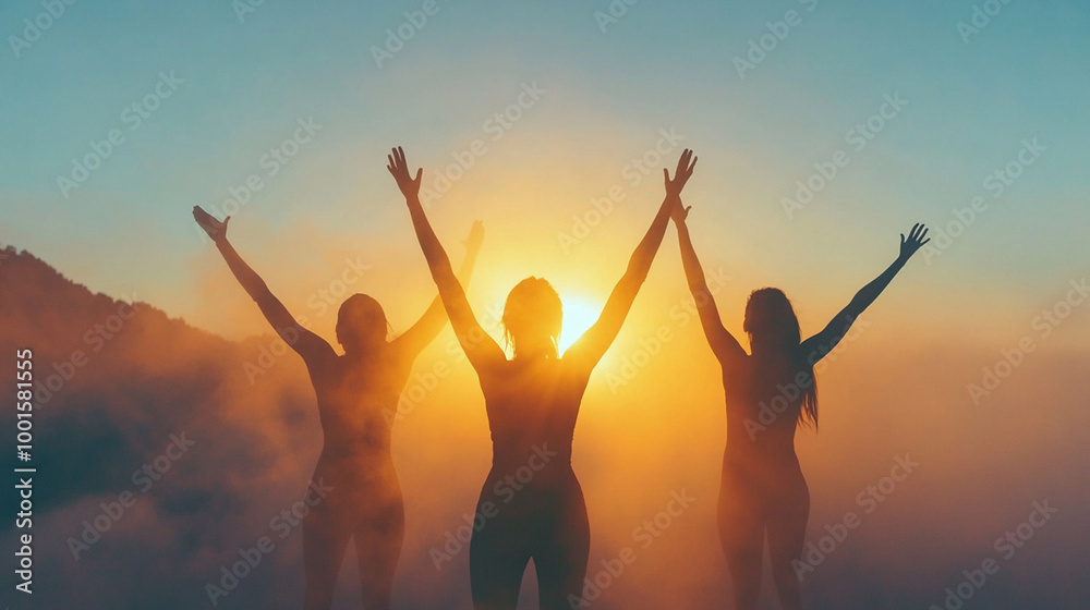 A group of hikers stands triumphantly on a mountain peak at sunrise, arms raised in celebration, symbolizing teamwork, achievement, and adventure.
A group of hikers stands triumphantly on a mountain peak at sunrise, arms raised in celebration, symbolizing teamwork, achievement, and adventure.