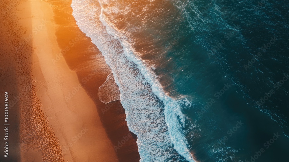 Aerial view of a stunning blue sea with bright sunlight on the waves and a stretch of golden sand Aerial view of a stunning blue sea with bright sunlight on the waves and a stretch of golden sand