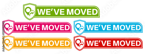 set we have moved sticker labels. change new location icon design template vector illustration